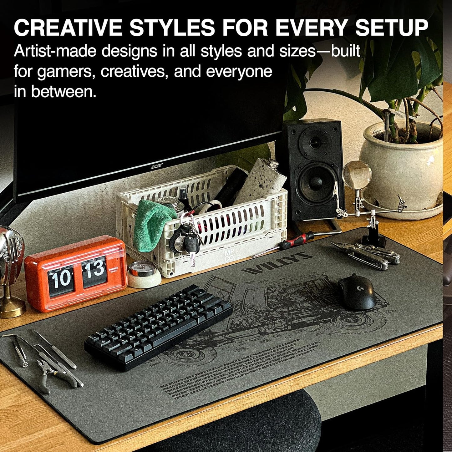 MPCO. Blueprints Large Gaming Desk Pad - 36" x 17" Duraglyde Fabric Willys Jeep – Green Desk Mats - Non-Slip, Washable, Smooth Glide for Precision Gaming & Work