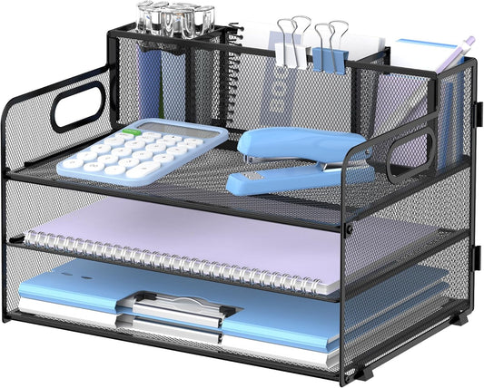 SUPEASY 3 Tier Desk Organizer with Handle & 3 Pen Holders, Mesh Paper/File Organizer for Desk, Paper Letter Tray Organizer for Office Supplies (Black)