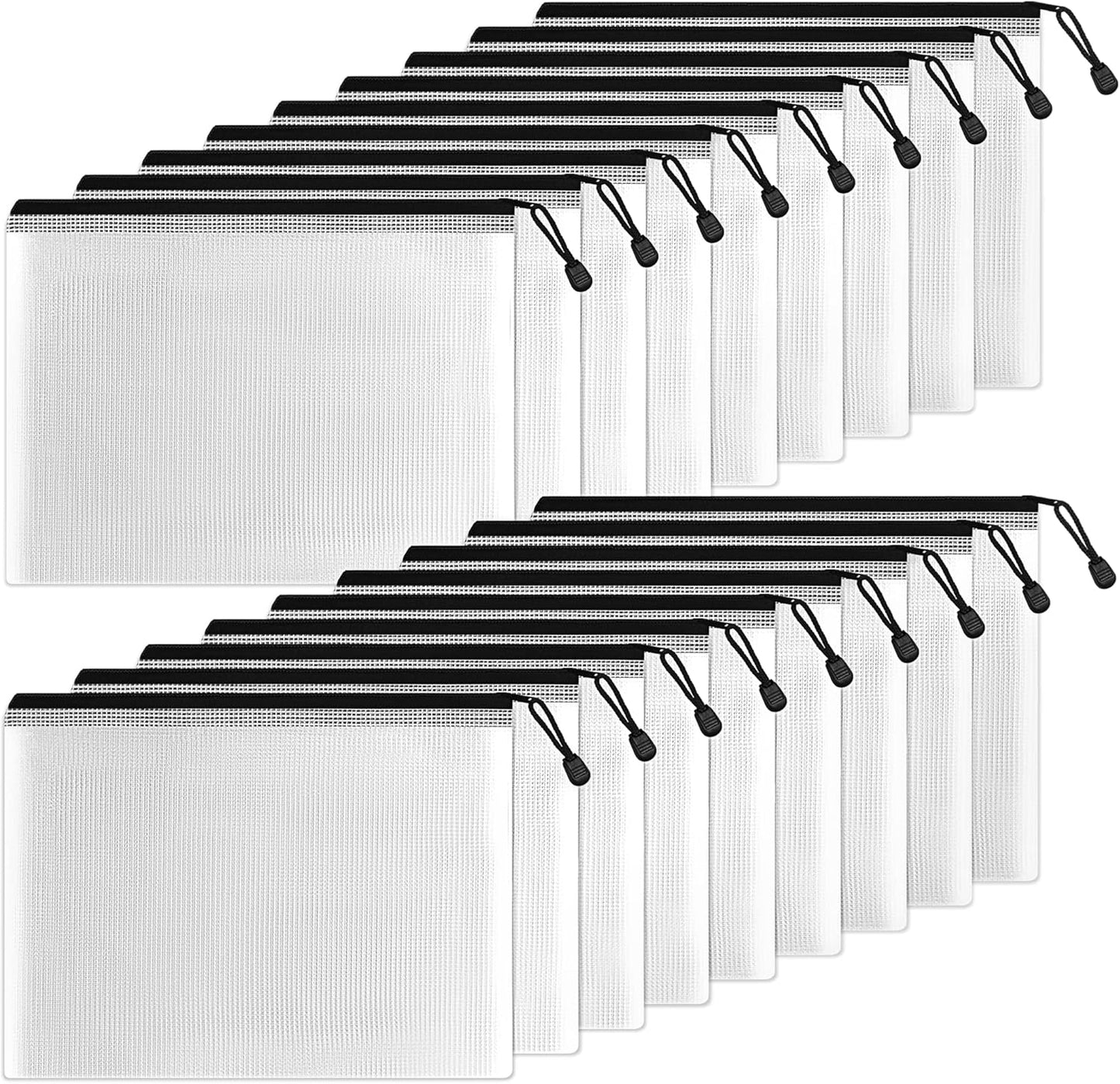 SUNEE Plastic Mesh Zipper Pouch 7x11 in (Black, 18 Packs),Extra Large Water-Resistant Zip Bag for School Office Supplies, Puzzles & Games Organizing Storage