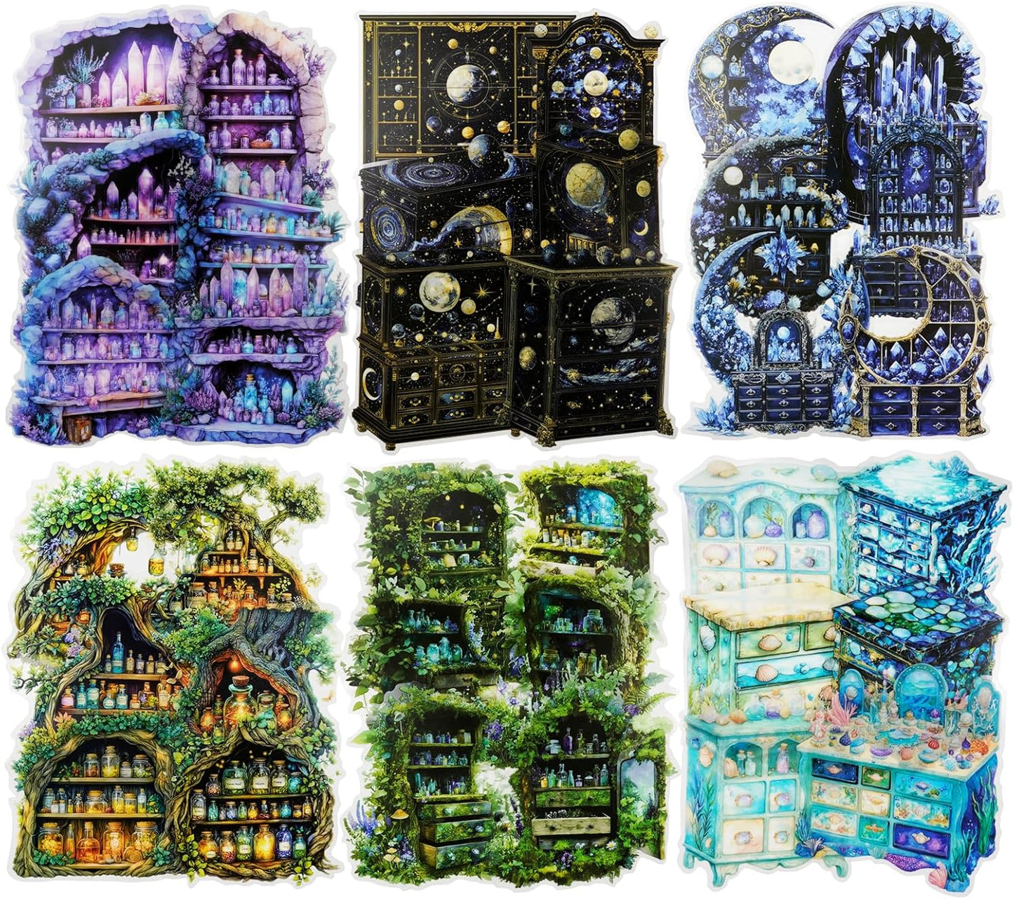 Magic Cabinet PET Stickers Set, 60PCS Fantasy Journal Stickers for Scrapbooking DIY Crafts Planner