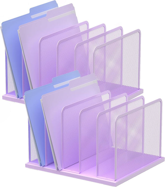 Kuntine.B Desk File Organizer Upright Mesh Desktop Organizer File Sorter Office Organization File Holder for Home, Office & Classroom (Purple, 2 Pack 5-Section)