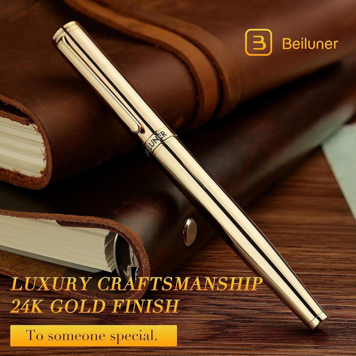 BEILUNER Luxury Gold Rollerball Pen, Stunning Pens with 24K Gold Finish, Noble and Elegant Designs,Schneider Ink Refill, Fancy Gift Set for Men & Women, Executive Writing, Office, Nice Graduation Gift