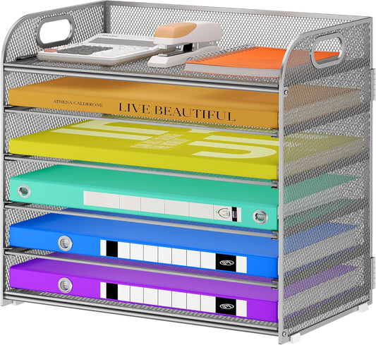6 Tier Paper Organizer with Handle, Metal Desk Organizer Mesh Paper Letter Tray Desktop File Folder Document Sorter for Classroom, School, Office Accessories Organization and Storage - Silver