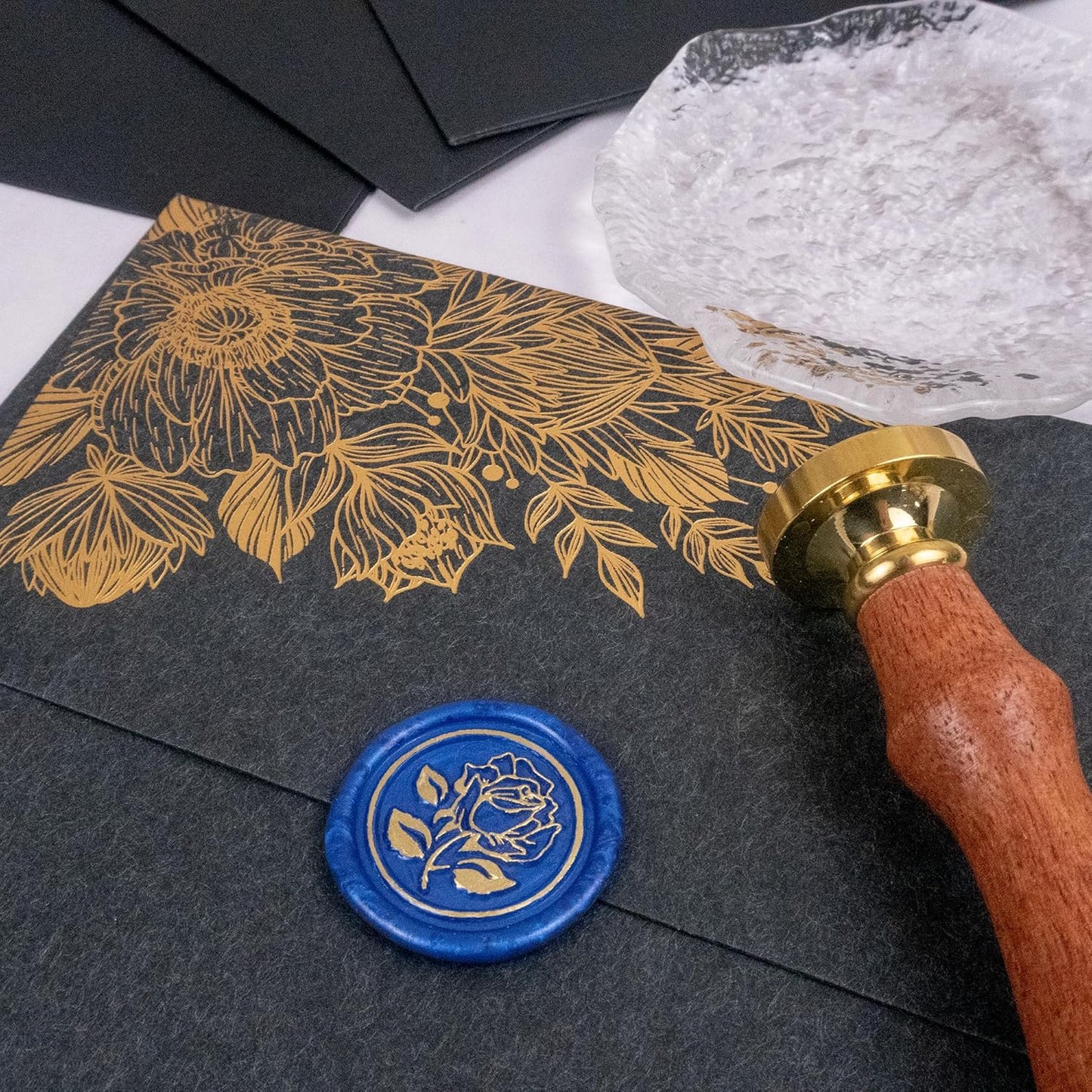 25pcs Gold & Blue Handmade Envelope Seals Self-Adhesive Wax Stickers for Wedding Party Invitations, Envelope, Gift Wrap, Christmas (Gold Rose Style, Blue)