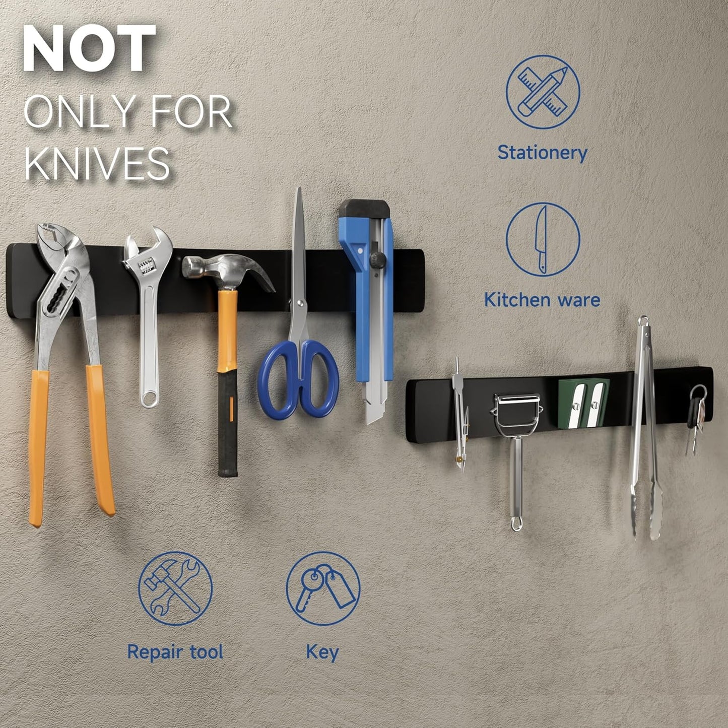 Magnetic Knife Holder for Wall, Acacia Wood Knife Magnetic Strip No Drill Knife Magnet Storage Bar Magnetic Tool Key Holder Strip for Kitchen Utensil Organizer (Black, 16 Inch)