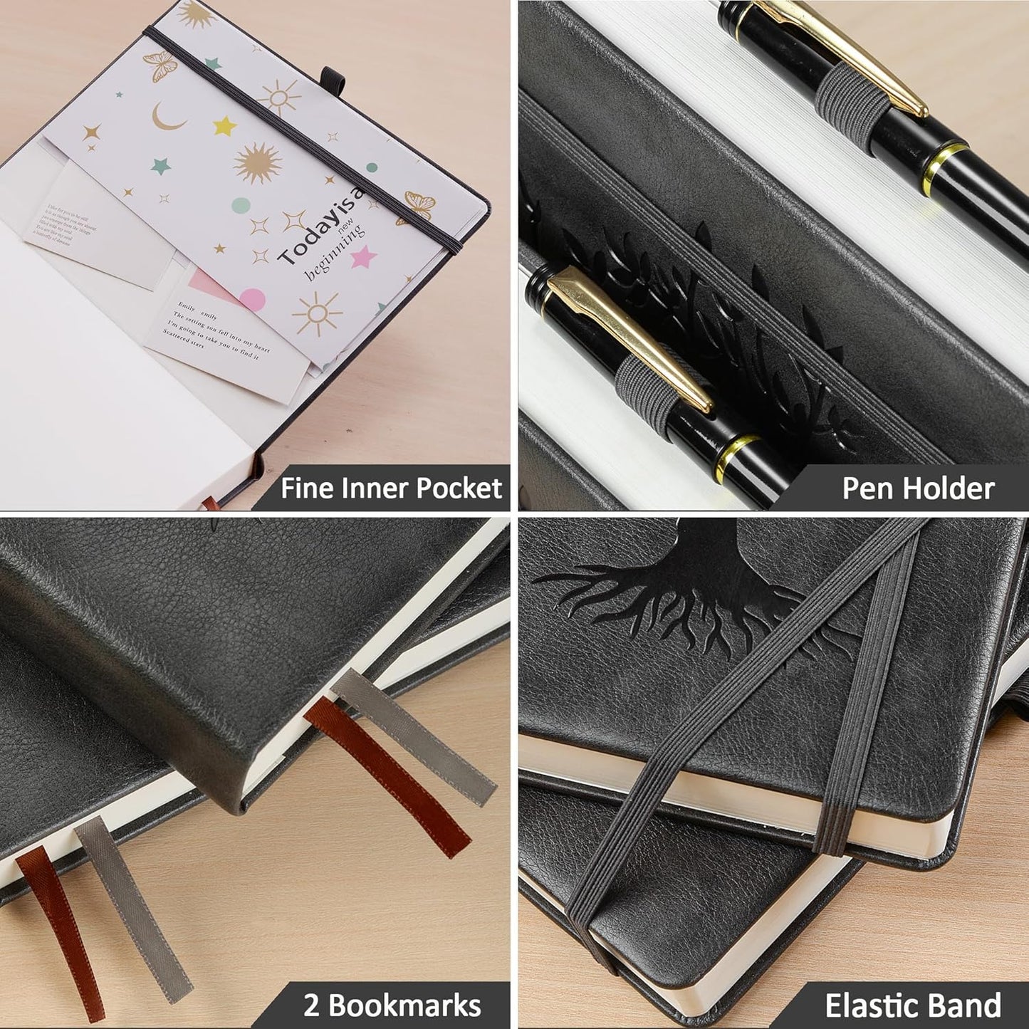 ZXHQ A5 Bullet Dotted Journal Notebook - 150gsm Thick Paper, 256 Pages, Dot Grid Hardcover, Tree of Life Design, Fine Inner Pocket - 5.9" × 8.5" Dark Grey