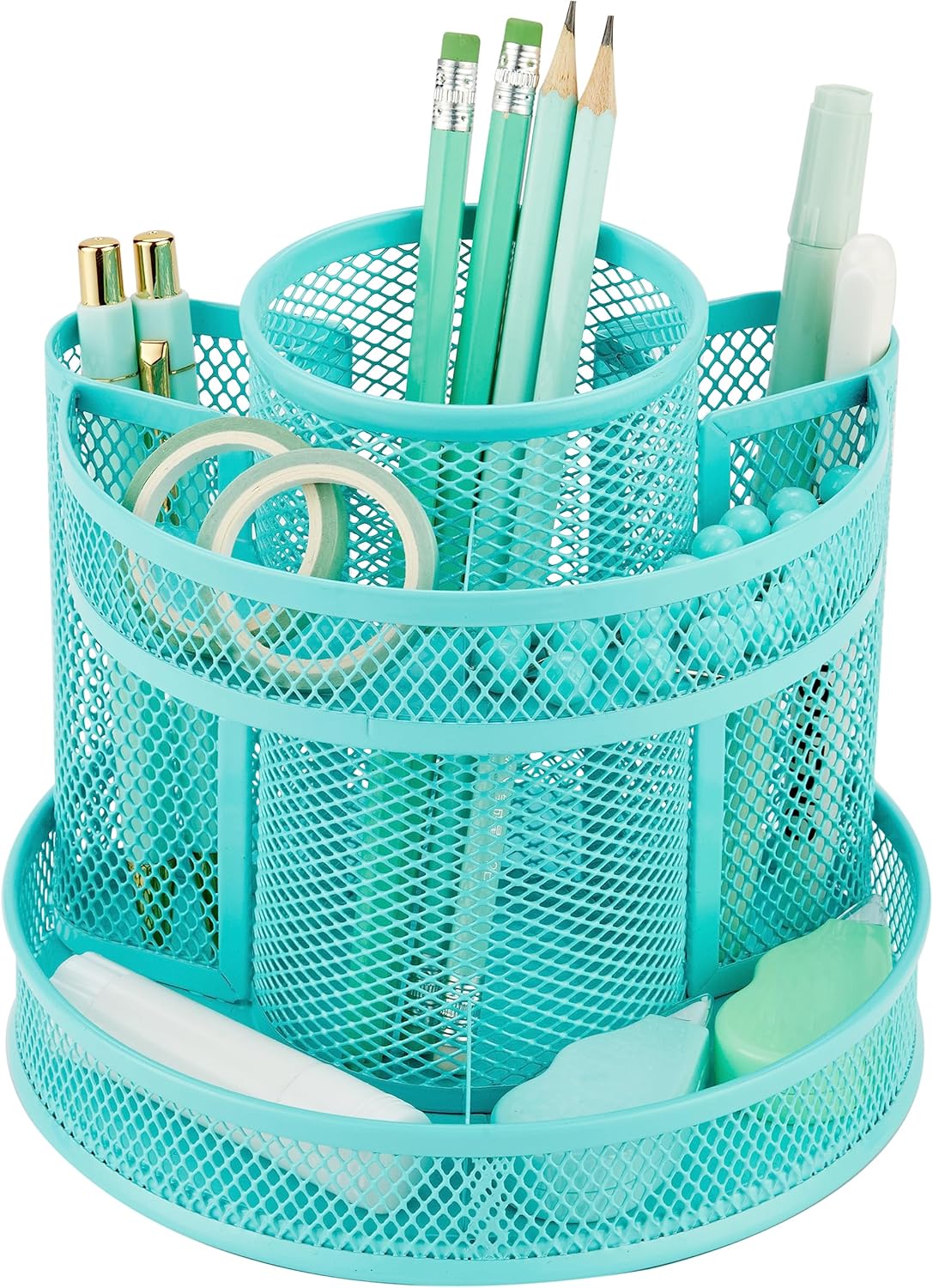 Annova Mesh Desk Organizer Rotate with 5 Compartments Round Spinning Tidy Candy/Pen Holder Desk Accessories Office, Art Supply, Storage, Classroom, Home (Turquoise)