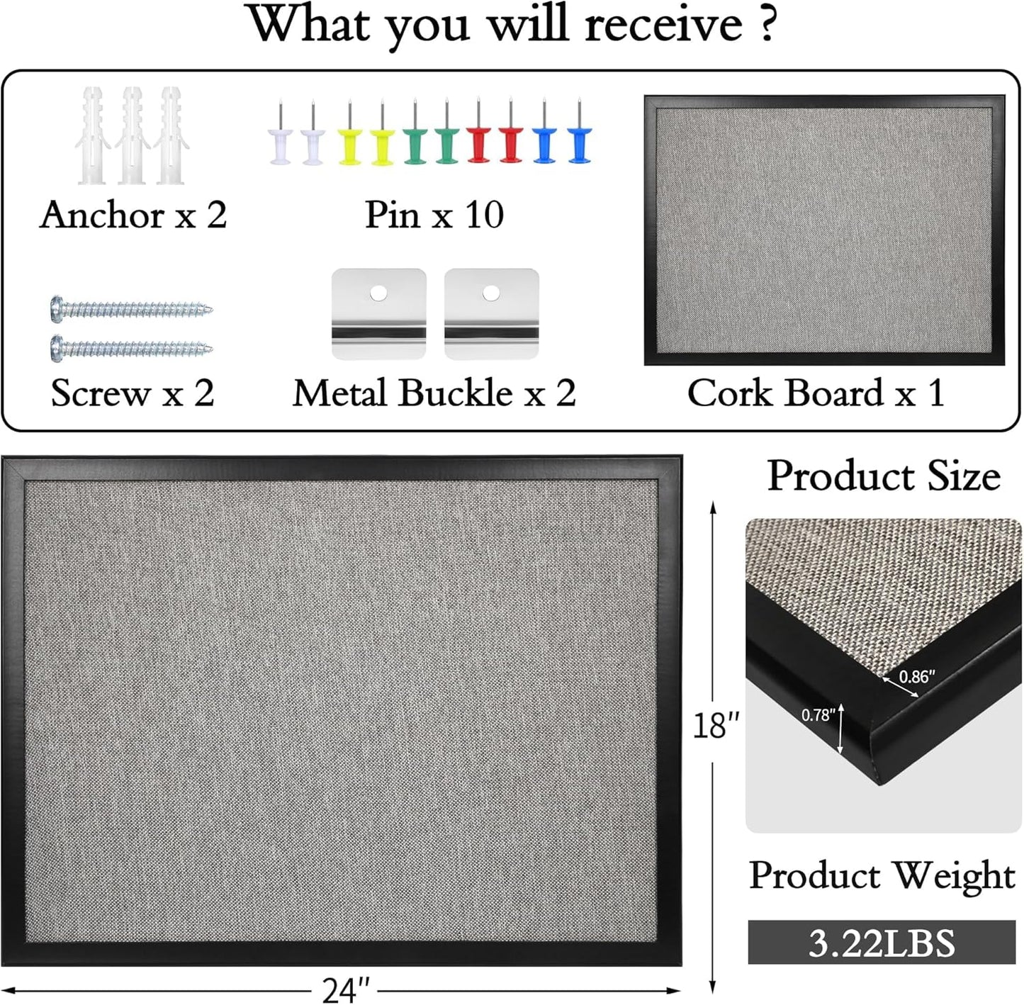 SHANTRA 24 x 18 Inch Bulletin Board with Grey Fabric, Wood Framed Canvas Cork Board, Corkboard for Walls with 10 Pins, Decorative Vision Board, Wall Mounted Notice Board for Home, Office, School