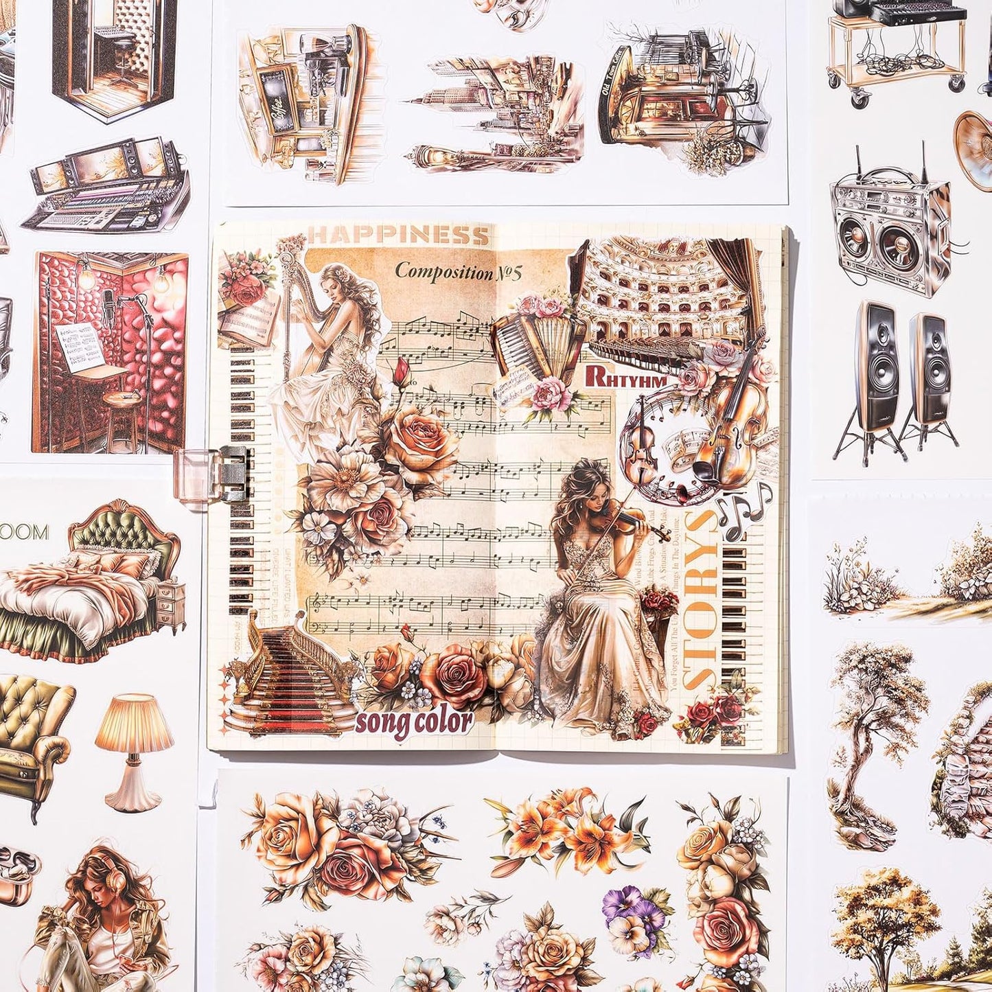 YagCu Journal Sticker Book, Music Life Scrapbook Stickers, Junk Journal Supplies, Pre-Cut Aesthetic Scrapbooking and Journaling for Women, Decorative Ephemera Bullet Planner DIY Arts