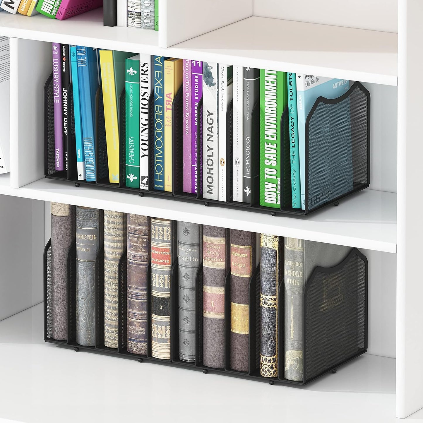 Simple Trending Mesh Desktop File Sorter Organizer, 5-Section Bookshelf for Desk Home Office, Black