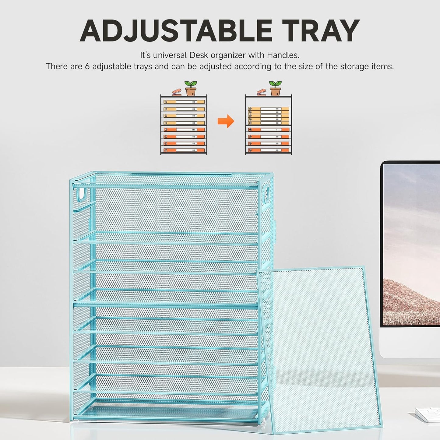 Subekyu 9 Tier Paper Letter File Tray Organizer for Desk, Large Mesh Desk Folder Sorter Organizer with Handle, Include 6 Pcs Adjustable Height Slid Tray for Office Home School Supplies Storage, Blue