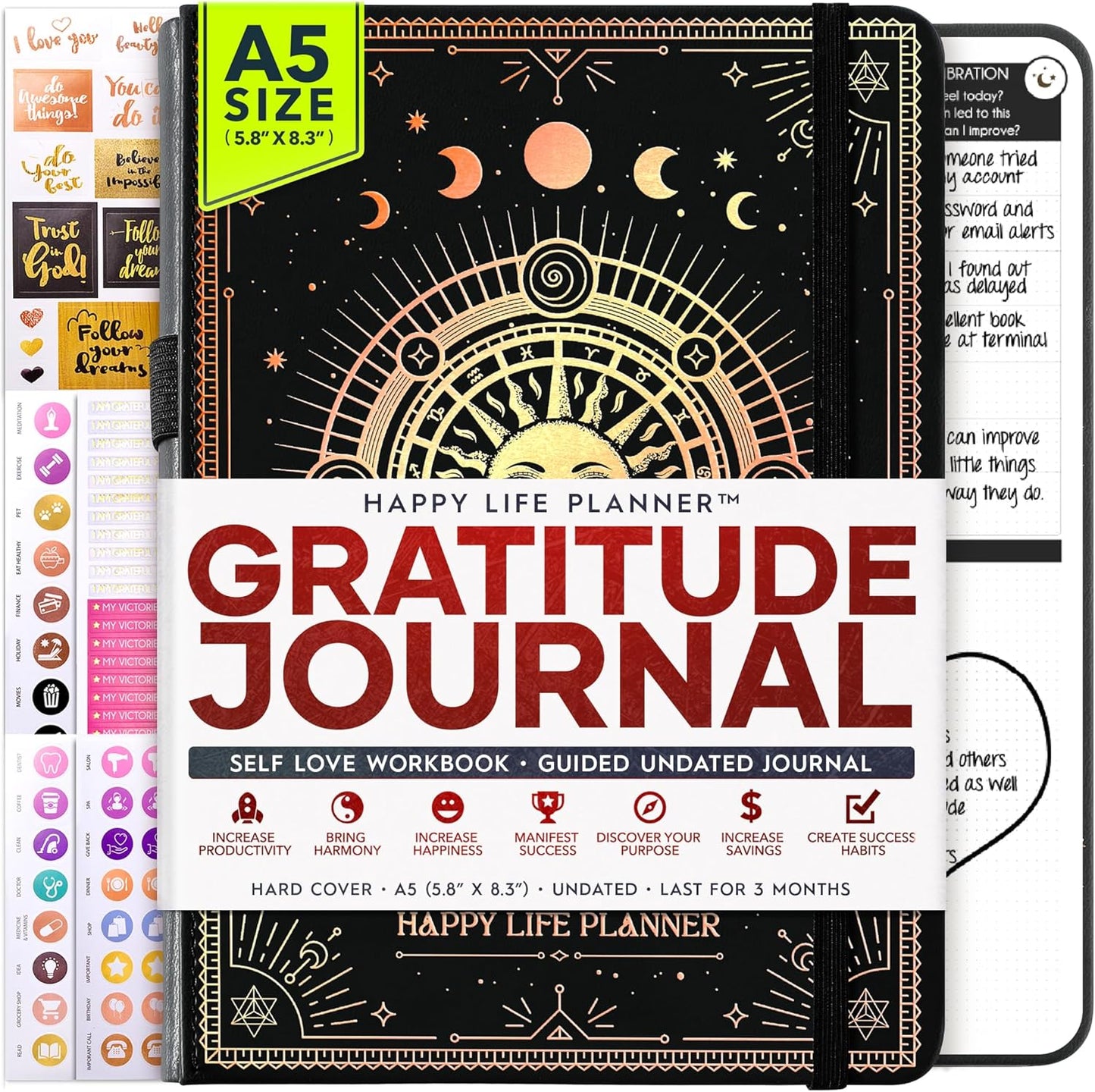 Gratitude Journal for Women & Men - 5 Minute Self Care Journal | 90-Day Undated Daily Planner for Positivity, Affirmations & Manifestation | Guided Mindfulness, Reflection | Vision Board + Stickers