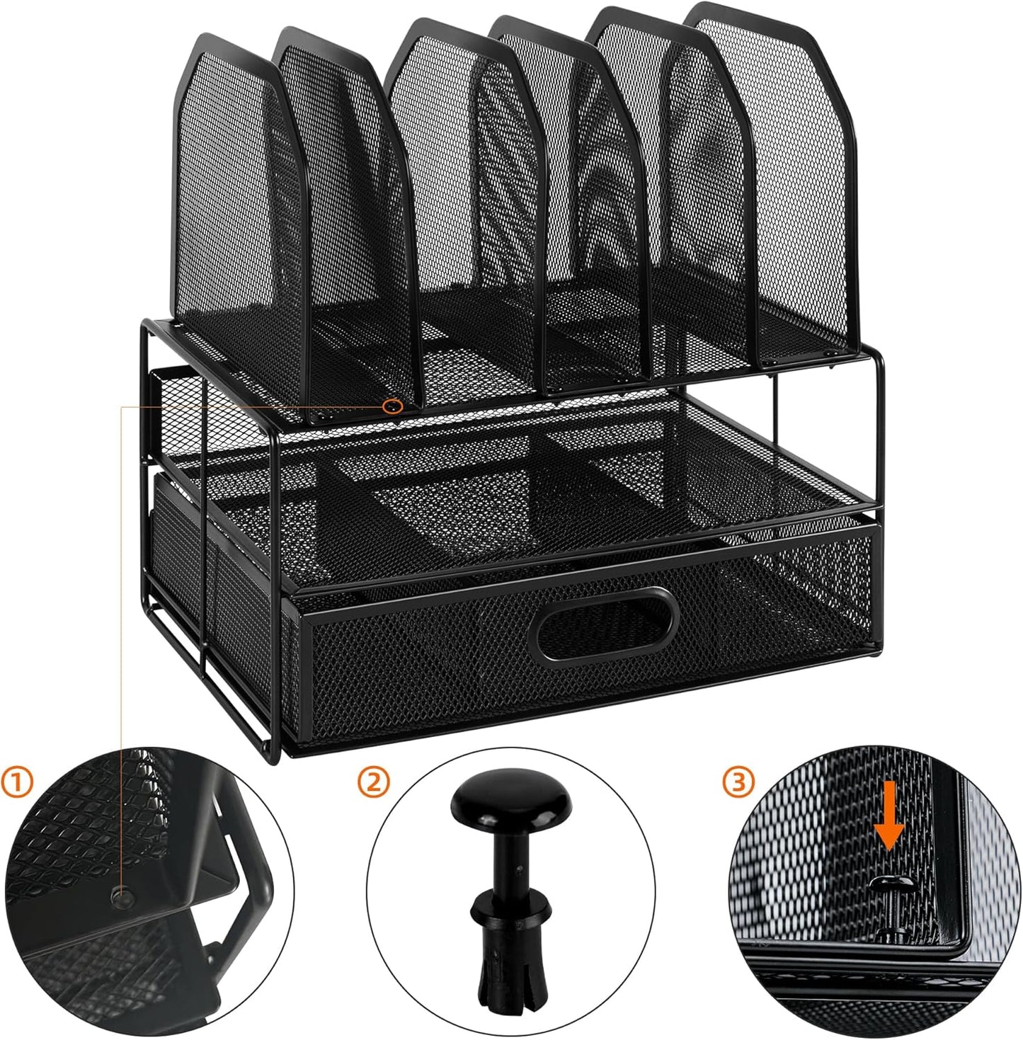 Amazon Basics Mesh Desk Organizer with Sliding Drawer, Double Tray and 5 Upright Sections, Black