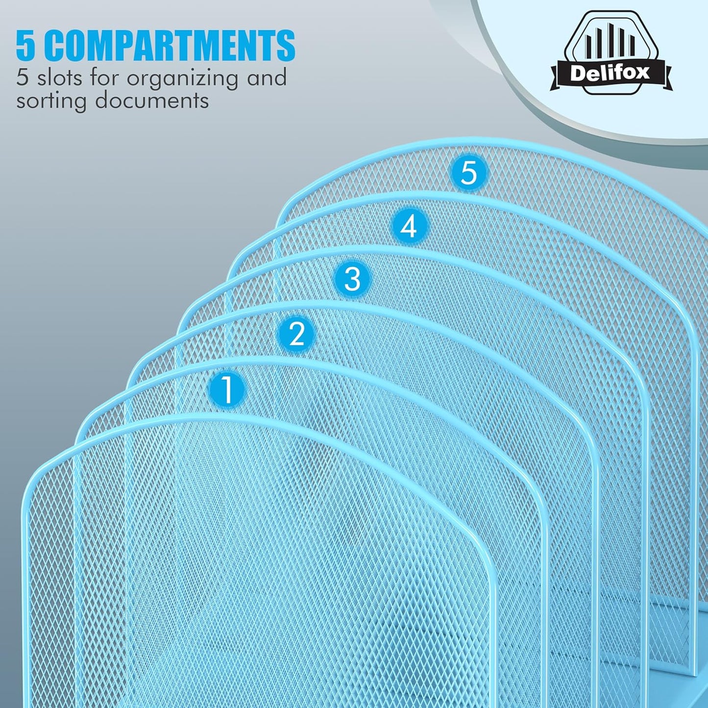 1Pack Inclined Desk File Organizer, 5-Section Vertical File Folder Holder Stand Metal Rack File Sorter for Office Classroom Desktop Organization,Blue