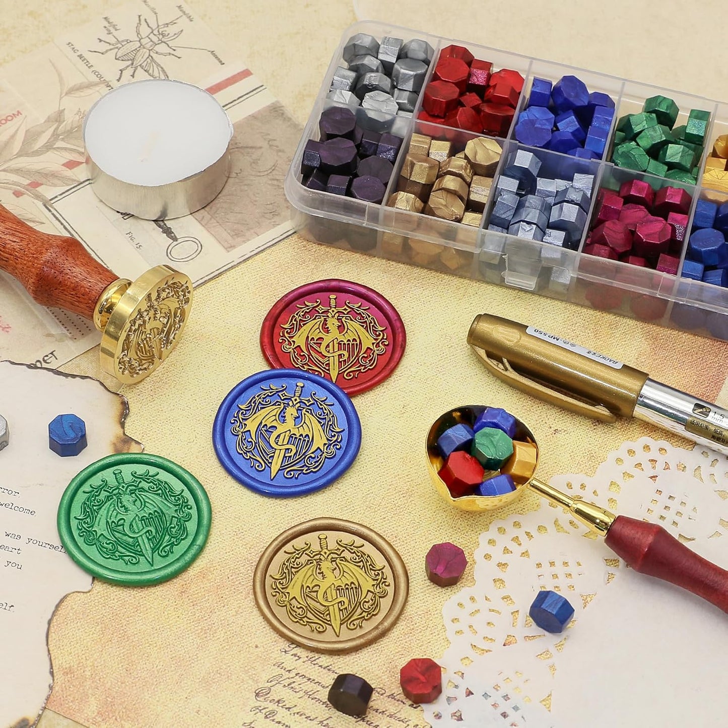 SWANGSA Dragon and Sword Wax Seal Stamp Kit with 200pcs Sealing Wax Beads, Great for Embellishment of Halloween Party Invitations, Wine Packages, Gift Wraps