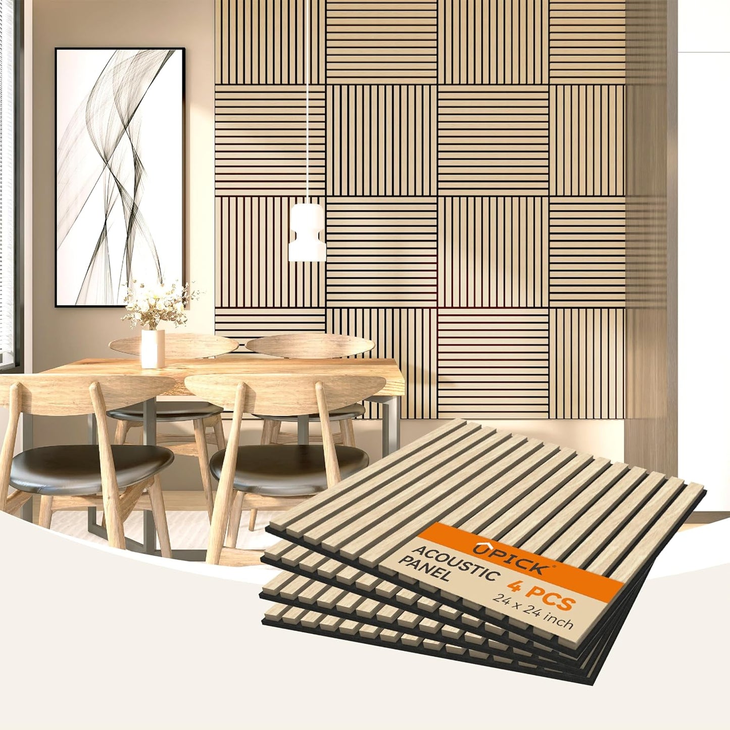 Upick MDF Acoustic Wall Panels Sound Absorbing, 4 Pack 24 x 24 inch Sound Proof Foam Wall Panels & Wood Slat Wall Panels for Interior Wall Decor, Oak