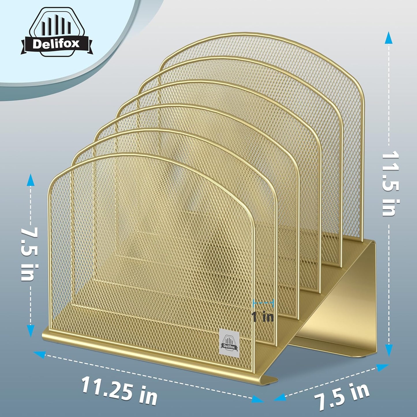 Inclined Desk File Organizer, 5-Section Vertical File Folder Holder Stand Metal Rack File Sorter for Office Classroom Desktop Organization (Gold, 2Pack)