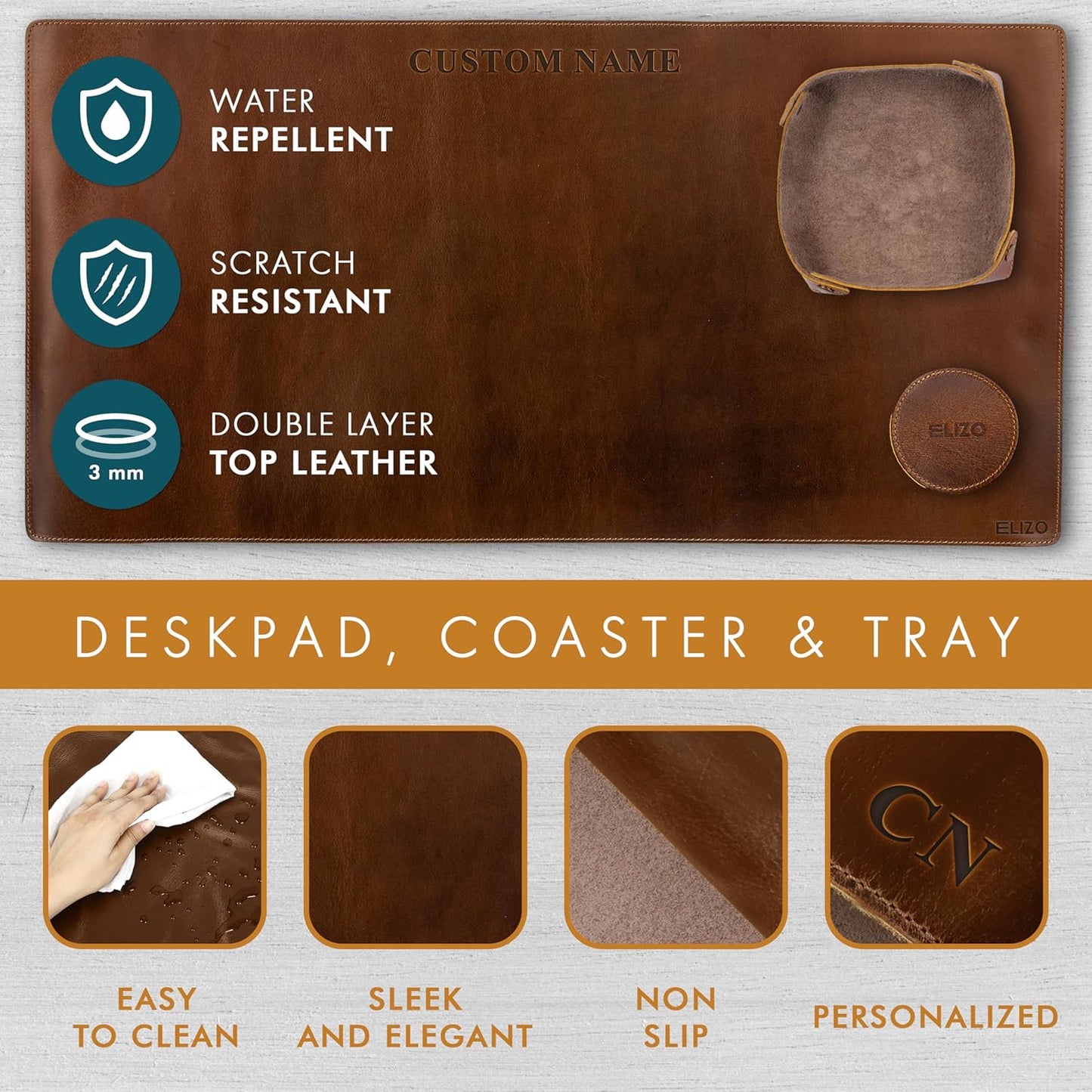 ELIZO Personalized Custom Desk Pad Set Real Leather Desk Mat Mouse Pad Unique Gifts for Him Her Leather Gifts for Men Women Engraved Embossed Monogrammed Corporate Gifts