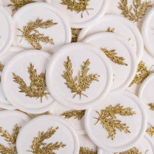 100Pcs Gold & White Wax Seal Stickers - Handmade Envelope Seals, Self Adhesive Wax Stickers for Wedding Party Invitations, Envelope, Gift Wrap, Christmas (Gold Rosemary Style, White)