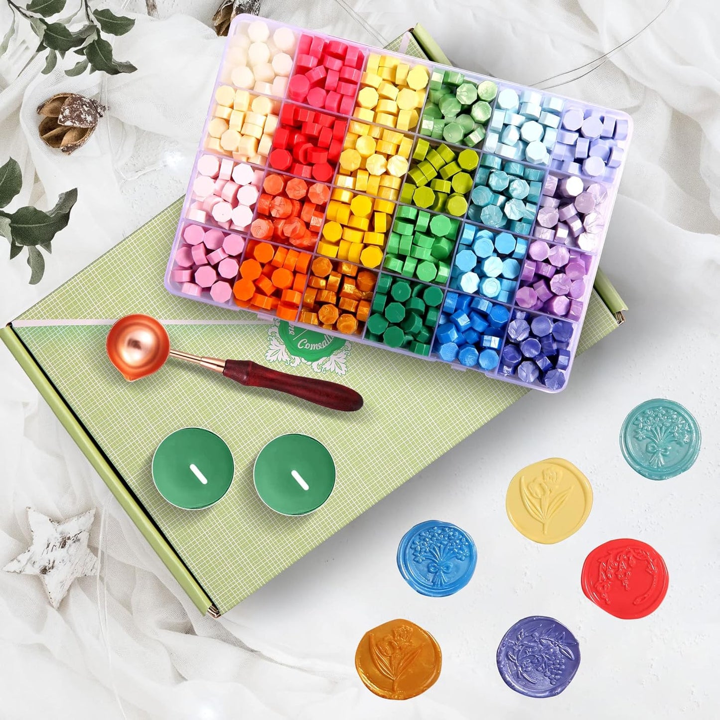 Comealltime 630Pcs Sealing Wax Beads, Spring Garden Theme Wax Seal Stamp Kit with 1Pcs Melting Spoon, 10Pcs Tea Light Candles with Gift Box(Spring Garden)