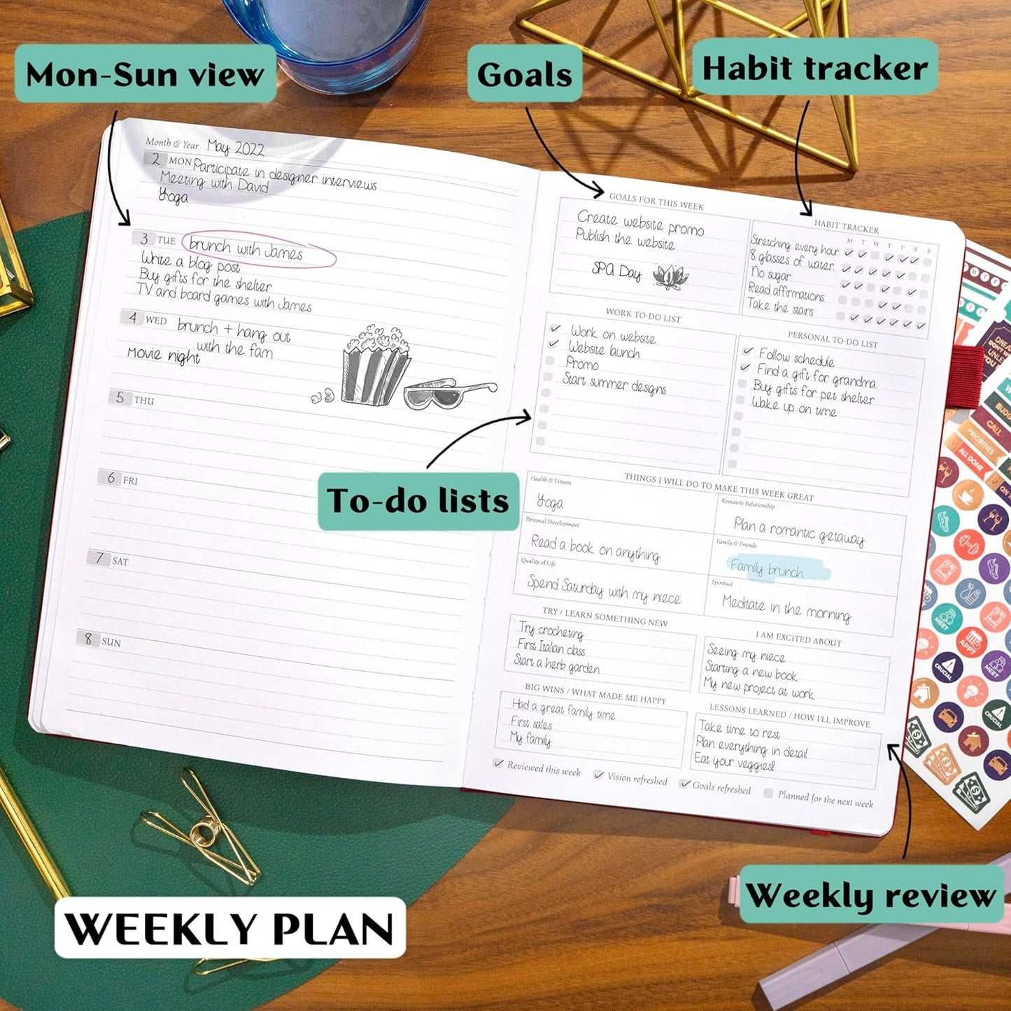 Legend Planner PRO – Deluxe Weekly & Monthly Life Planner to Increase Productivity and Hit Your Goals. Time Management Organizer Notebook – Undated – 7 x 10" Hardcover + Stickers – Wine Red