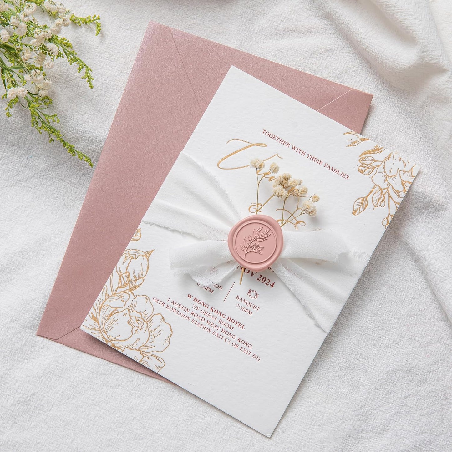 PONATIA 50 Pcs Dusty Rose Wax Seal Stickers - Eucalyptus Leaf, Perfect for Wedding Invitations, Gift Wrapping & More