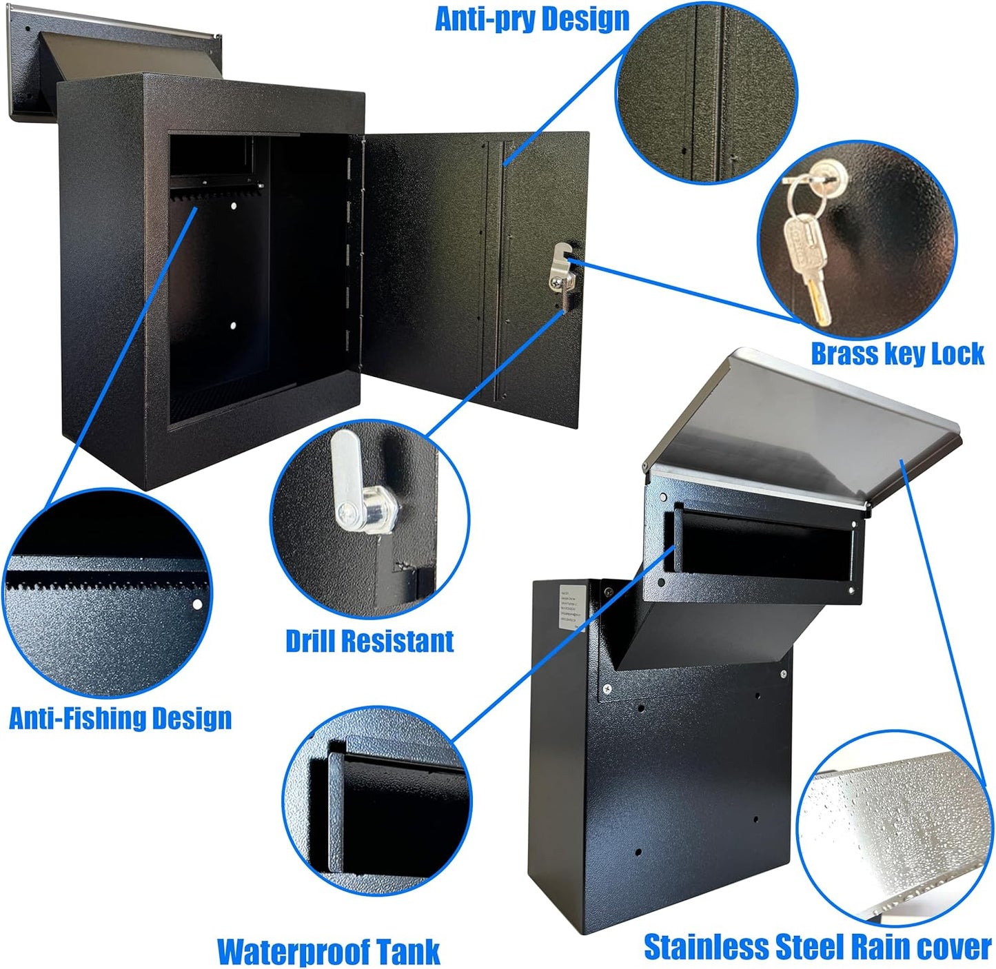 Through-The-Wall Drop Box with Rainproof Cover | Heavy Duty Through Wall Mailbox with 10-Inch Adjustable Chute | Rainproof Locking Drop Safe for Mail, Rent, Checks, Cash, and Keys, Black