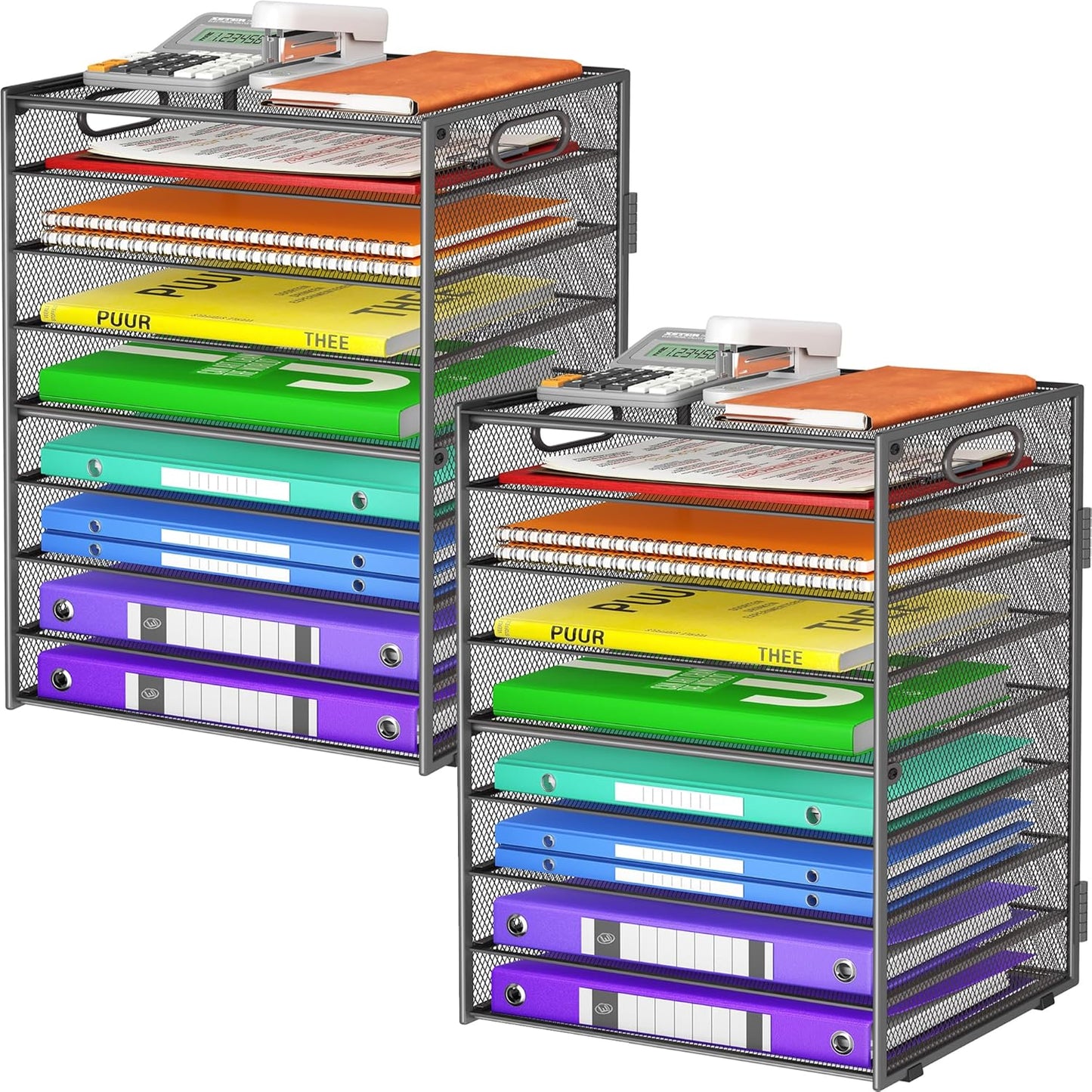 9 Tier Paper Organizer with Handle, Large Capacity Desk Organizer Mesh Paper Letter Tray File Folder Document Sorter for Classroom and Office Accessories Organization- Grey (2 Pack)