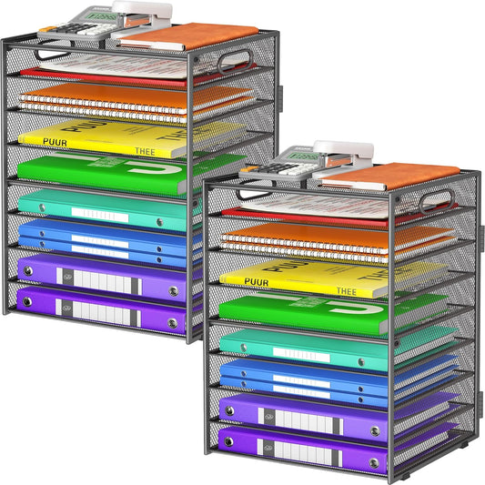 9 Tier Paper Organizer with Handle, Large Capacity Desk Organizer Mesh Paper Letter Tray File Folder Document Sorter for Classroom and Office Accessories Organization- Grey (2 Pack)