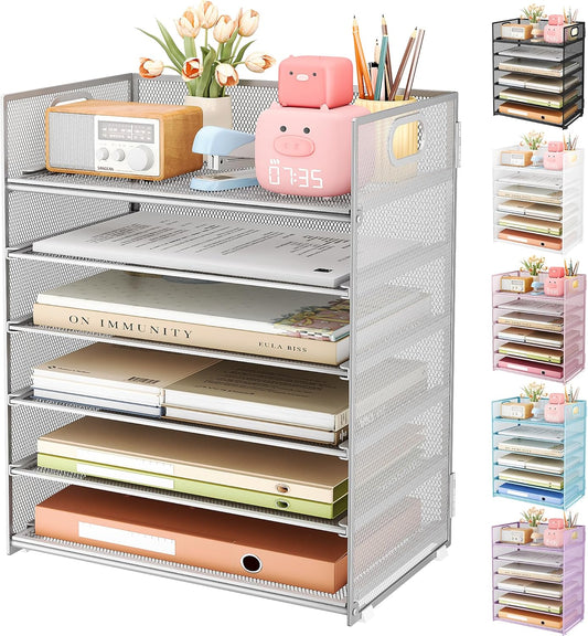 Subekyu 6 Tier Paper Organizer for Desk with Handle, Metal Mesh Desk Office File Folder Paper Letter Tray Accessories Organizer Sorter for Home, School, Office Desktop Document Organization - Silver