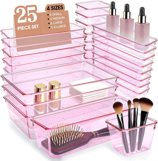 Kitchen Desk Drawer Organizers Storage for Office, Small Acrylic Vanity Trays Makeup Organizer for Drawer Bathroom Plastic Make up Organizers 25 Pcs Pink
