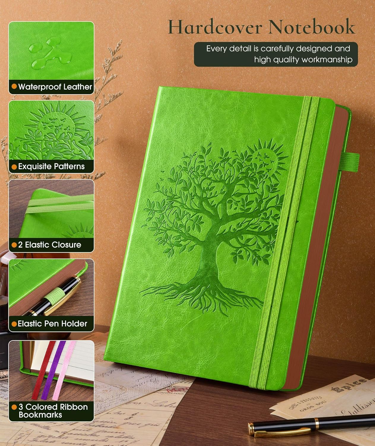 Vintage Leather Journal with 300 Numbered Pages,B5 Lined Journal for Men Women,Daily Journals for Writing,College Ruled Notebook for Work,School,Note taking,Travel Diary,Large (7" x 10")