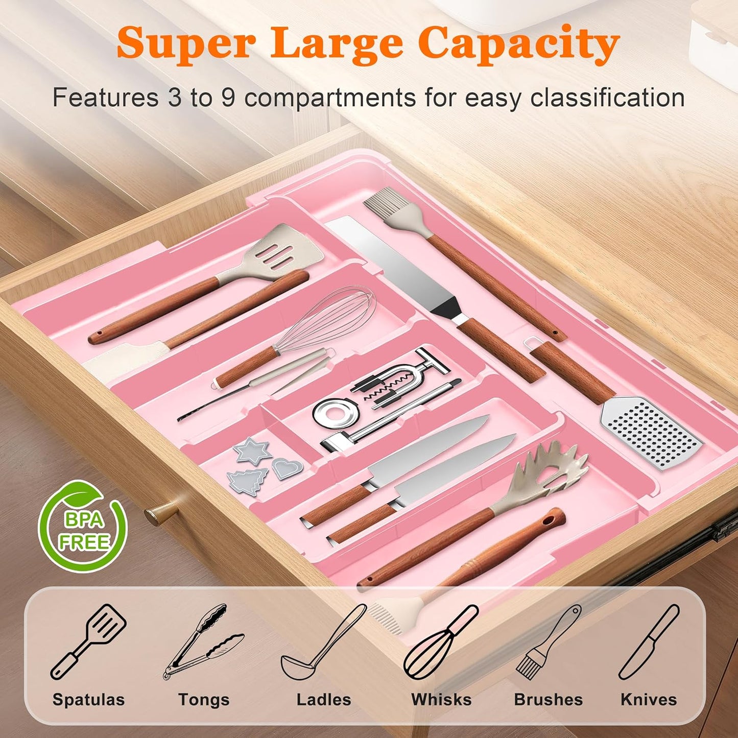 Large Utensil Drawer Organizer Expandable Silverware Organizer for Kitchen Drawer Adjustable Cooking Utensil Holder Cutlery Flatware Tray Spatula Tools Gadgets Storage Dividers Plastic Pink