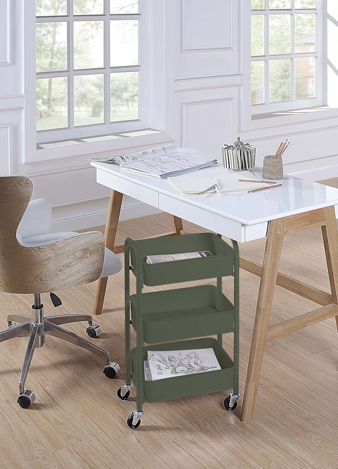 SunnyPoint 3-Tier Delicate Compact Rolling Metal Storage Organizer - Mobile Utility Cart Kitchen/Under Desk Cart with Caster Wheels - Army (15.35" X 10.24" X 26.8"H)