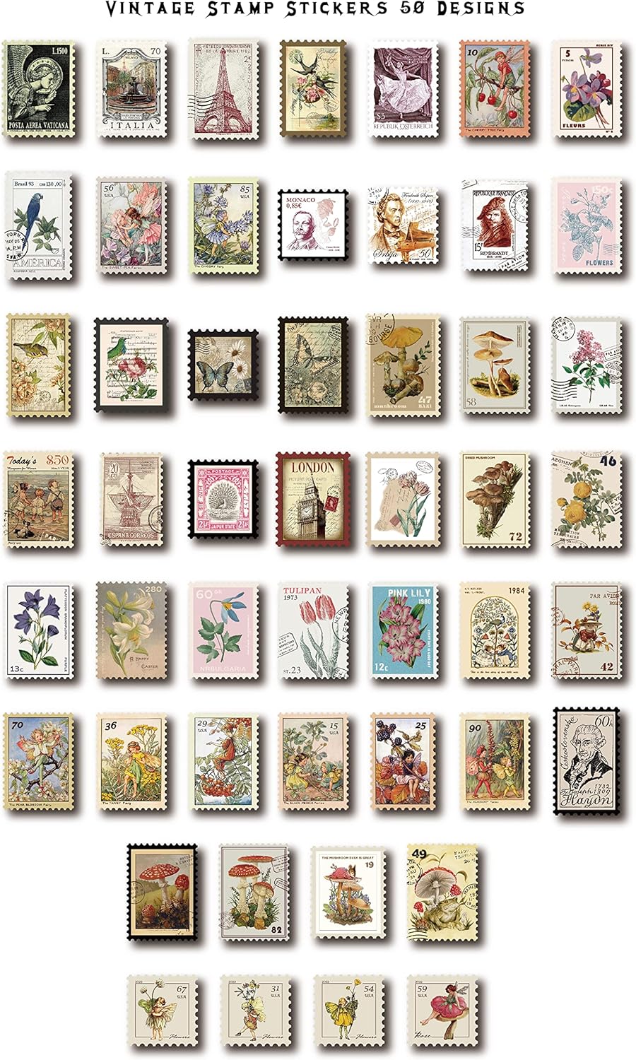 Vintage Postage Stamp Stickers for Scrapbook, 100 Pcs Deco Paper Stickers for Bullet Journal,Botanical Fairy Sticker for Junk Journal, DIY Crafts,Collage Album (Stamp-Like)
