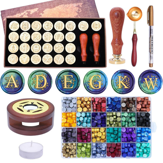 SWANGSA Initial Alphabet A-Z Wax Seal Kit with 624pcs Sealing Wax Beads, Furnace and Pen for Wedding Invitations Cards & Envelope