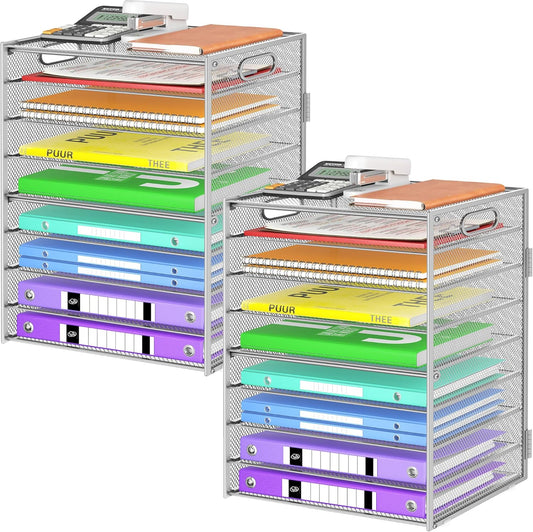 9 Tier Paper Organizer with Handle, Large Capacity Desk Organizer Mesh Paper Letter Tray File Folder Document Sorter for Classroom and Office Accessories Organization- Silver (2 Pack)