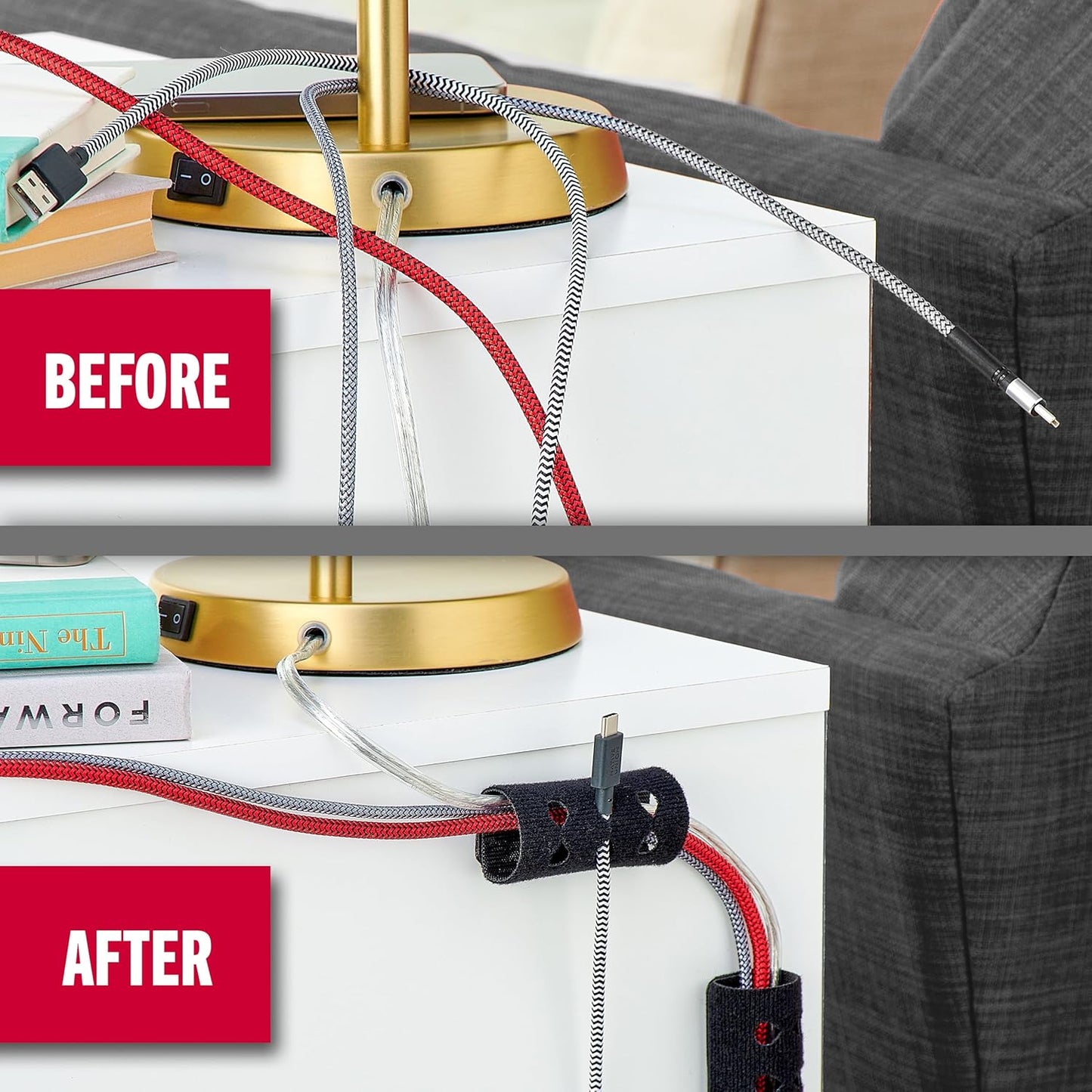 VELCRO Brand Cord Organizer for Desk Cable Management, Nightstand Organization, Unique Dual Function Cable Sleeve Cord Keepers Combo, Holds Wires for Easy Access, Route to Hide, Medium 2pk Black