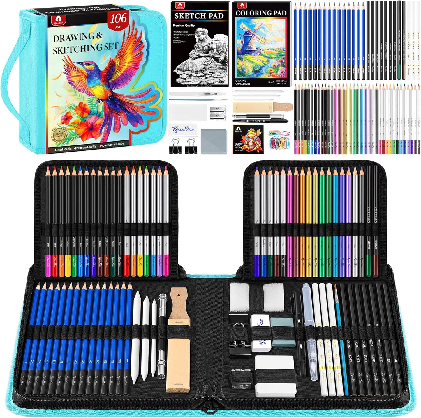 106 PCS Art Supplies Sketching Kit, Pro Drawing Pencils with 3-Color Sketchbook, Coloring Book, Colored Graphite Charcoal Watercolor & Metallic Pencils, Drawing Supplies Gifts for Artists Adults Kids