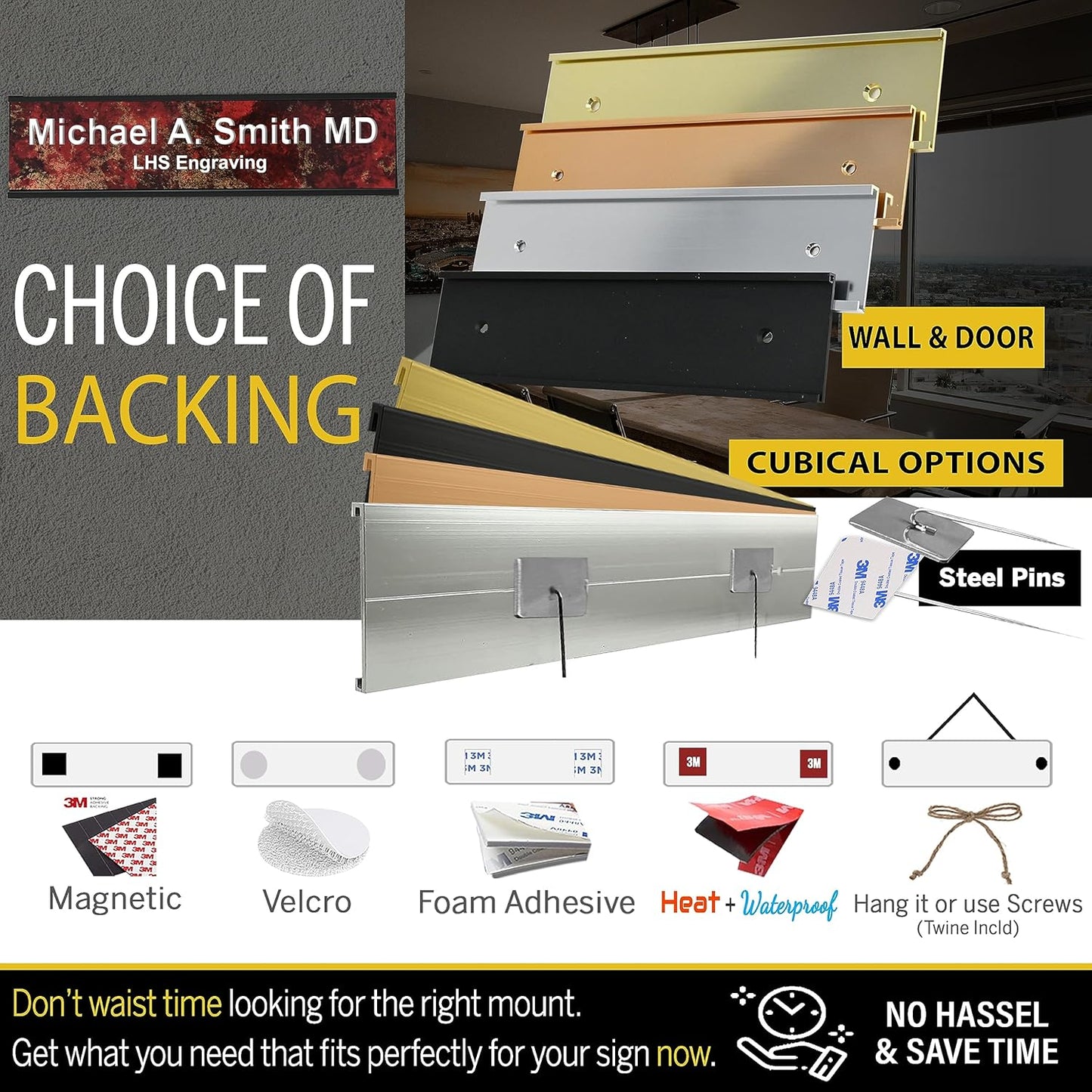 Engraved Name Plates for Door Sign Personalized Burlwood Plastic Plaque with Gold Letters - Made in USA 2x10 N2