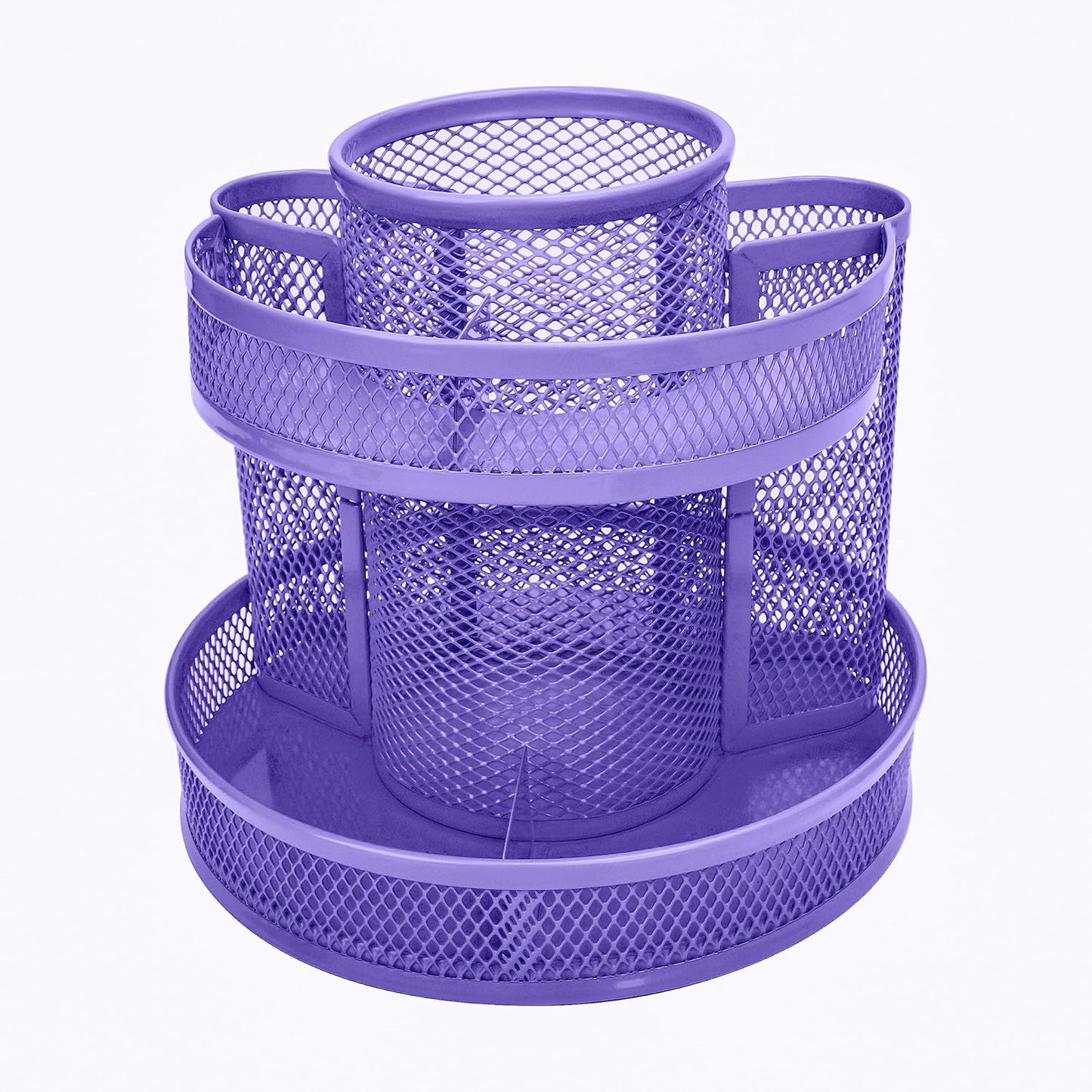 Annova Mesh Desk Organizer Rotate with 5 Compartments Round Spinning Tidy Candy/Pen Holder Desk Accessories Office, Art Supply, Storage, Classroom, Home (Purple)