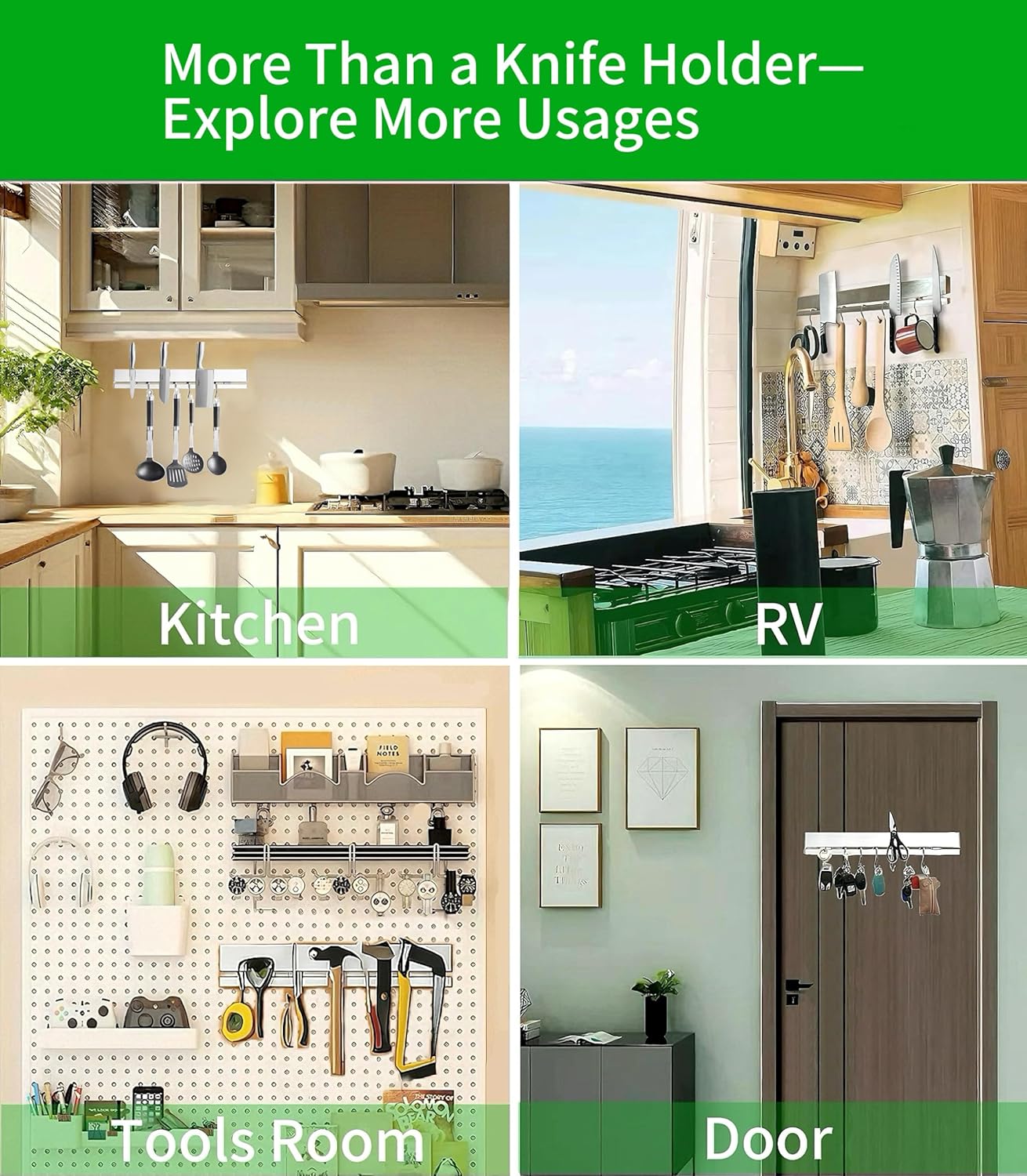 YIIYIIN 17 Inch Magnetic Knife Holder for Wall No Drill,Adhesive Knife Magnetic Strip with 12 Hooks,Kitchen Double Rods Stainless Steel Magnetic Utensil Holder(Silver)