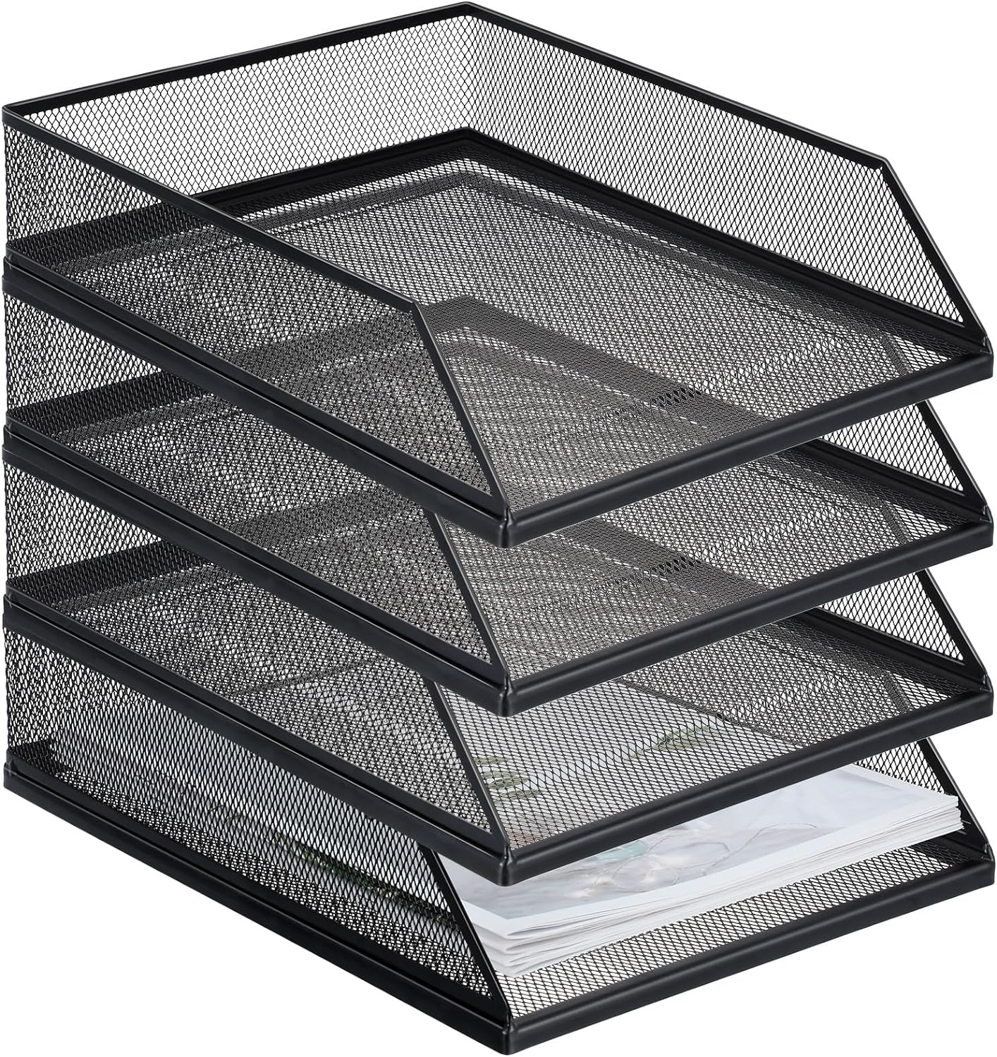 Hicarer 4 Pcs Black Metal Letter Tray Stackable Desk Tray Single Wire Mesh Organizer Front Load File Paper Holder for Desktop Office Home School Classroom (12.8 x 9.84 Inch)