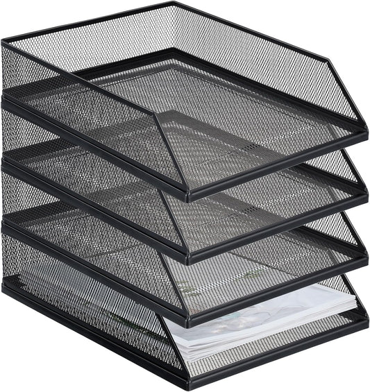 Hicarer 4 Pcs Black Metal Letter Tray Stackable Desk Tray Single Wire Mesh Organizer Front Load File Paper Holder for Desktop Office Home School Classroom (12.8 x 9.84 Inch)