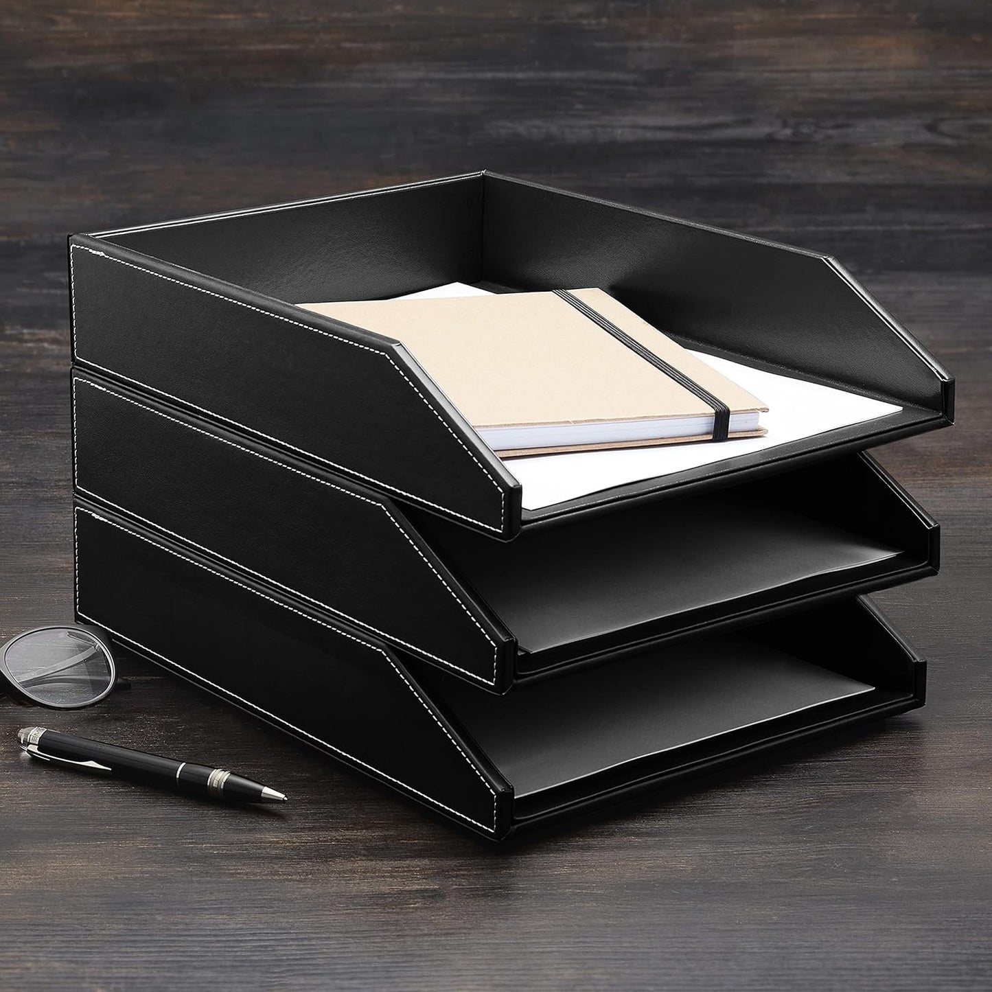 Gallaway Leather Letter Tray Organizer - PU Leather Desk Tray, Perfect for Office Organization, Document Holder Fits A4 Paper, Stackable Drawers for Extra Storage (Black)