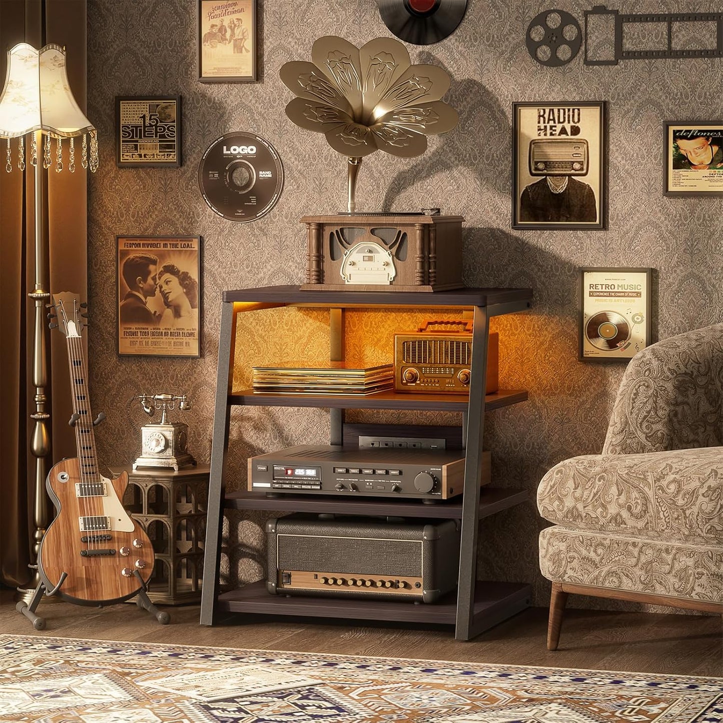 AV Media Stand with Outlets, Media Console with LED Lights, Stereo Racks and Stands with Storage Shelves, Media Audio Tower Cabinet, Black Enoby