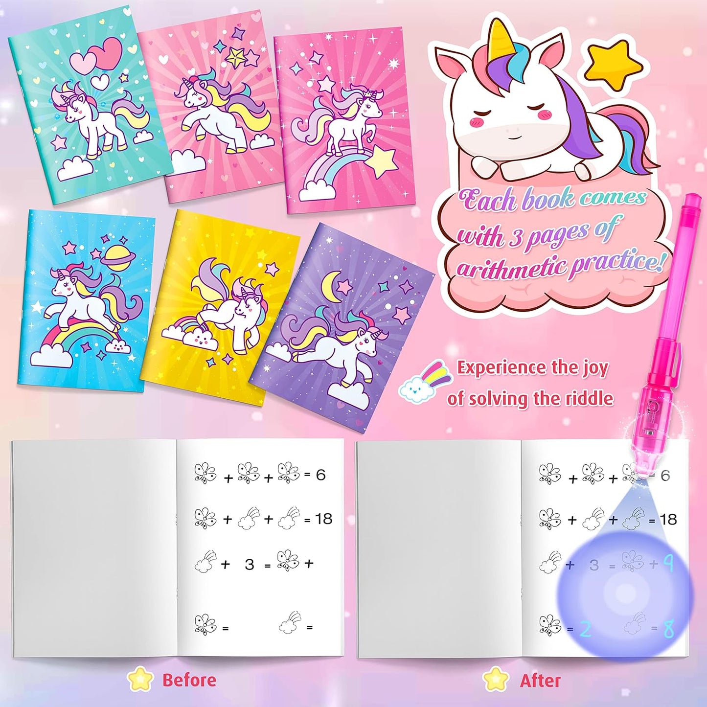 GIFTINBOX Unicorn Party Favors for Kids 4-8, 24Pack Invisible Ink Pen and Notebook, Invisible Ink Spy Pen with UV light for Kids, Classroom Prize Goodie Bag Stuffers Unicorn Toys for Kids Girls