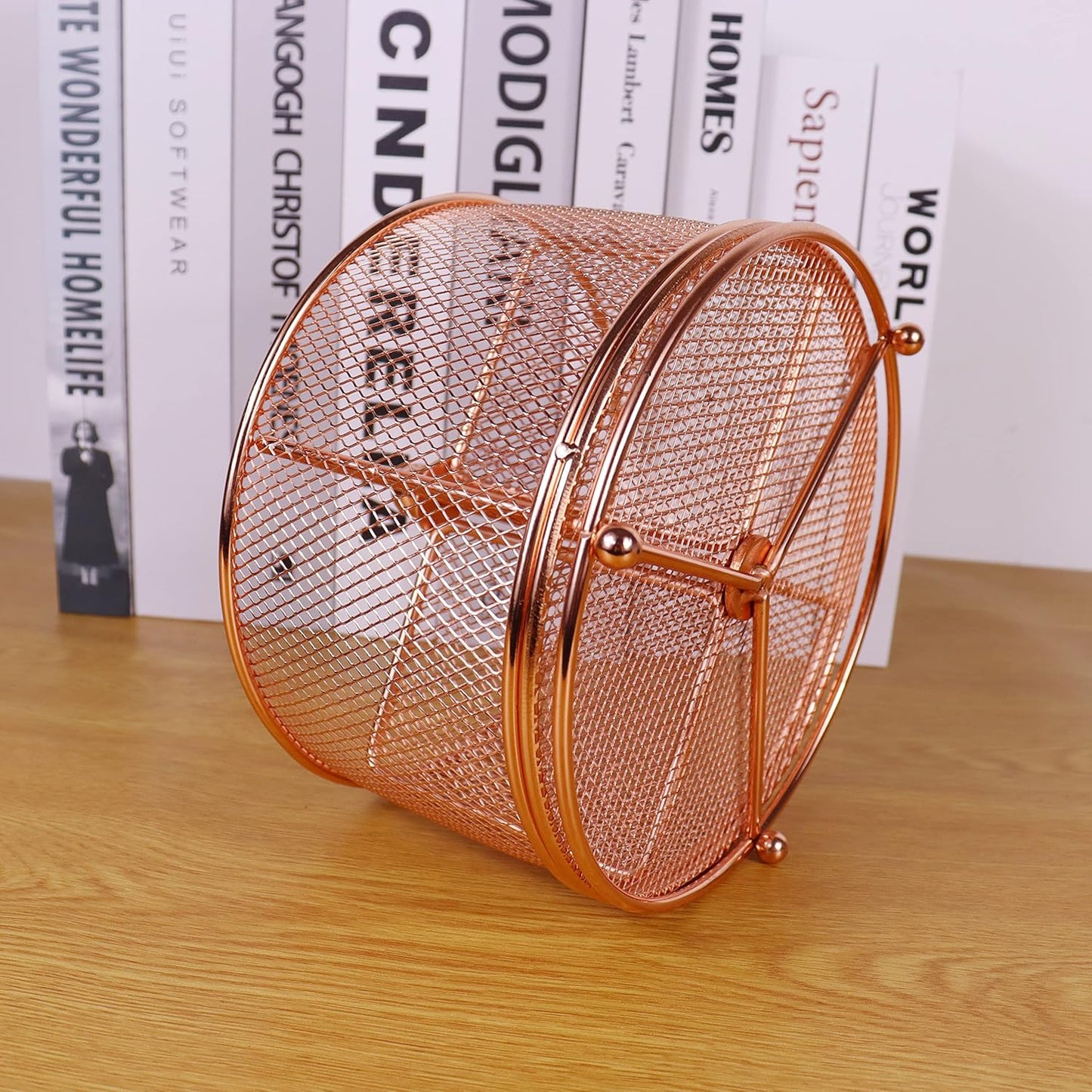 Rose Gold Pen Holder for Desk, Mesh Rotating Desk Pencil Marker Organizer, Large Capacity Stationery Storage Office Supplies Organization, 4 Compartments for Women Kids Students Teachers