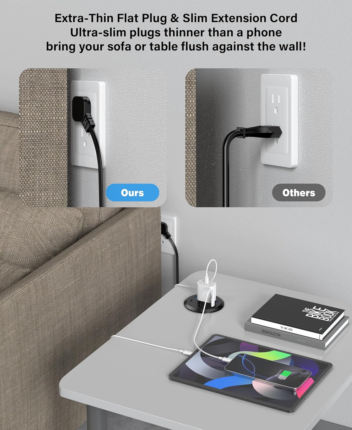 3 inch Desktop Power Grommet with PD 20W USB C,Furniture Recessed Power Strip,2 Outlets,4 USB Ports,40W Total,Flush-Mount for Desktop, Workspace Essential Desk Outlet (Black, 3 FT Cable)