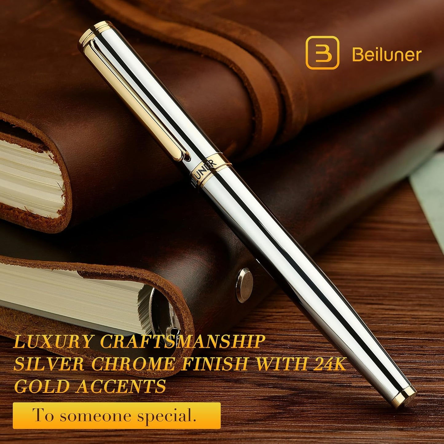 BEILUNER Silver Chrome Fountain Pen,Stunning Luxury Pens with 24K Gold Accents, Gorgeous 24K Gilded Nib(Fine), Ink Converter,Fancy Pen Gift for Men&Women-Elegant, Office, Reliable,Nice for Writing